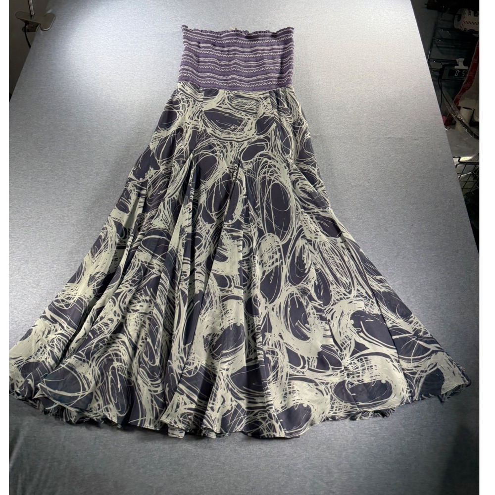 Lapis Purple Smocked Abstract Swirl Print Strapless Maxi Dress Large Boho Lined